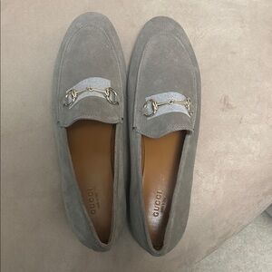 Gucci Taupe Suede  Loafers with Silver Horsebit Accent